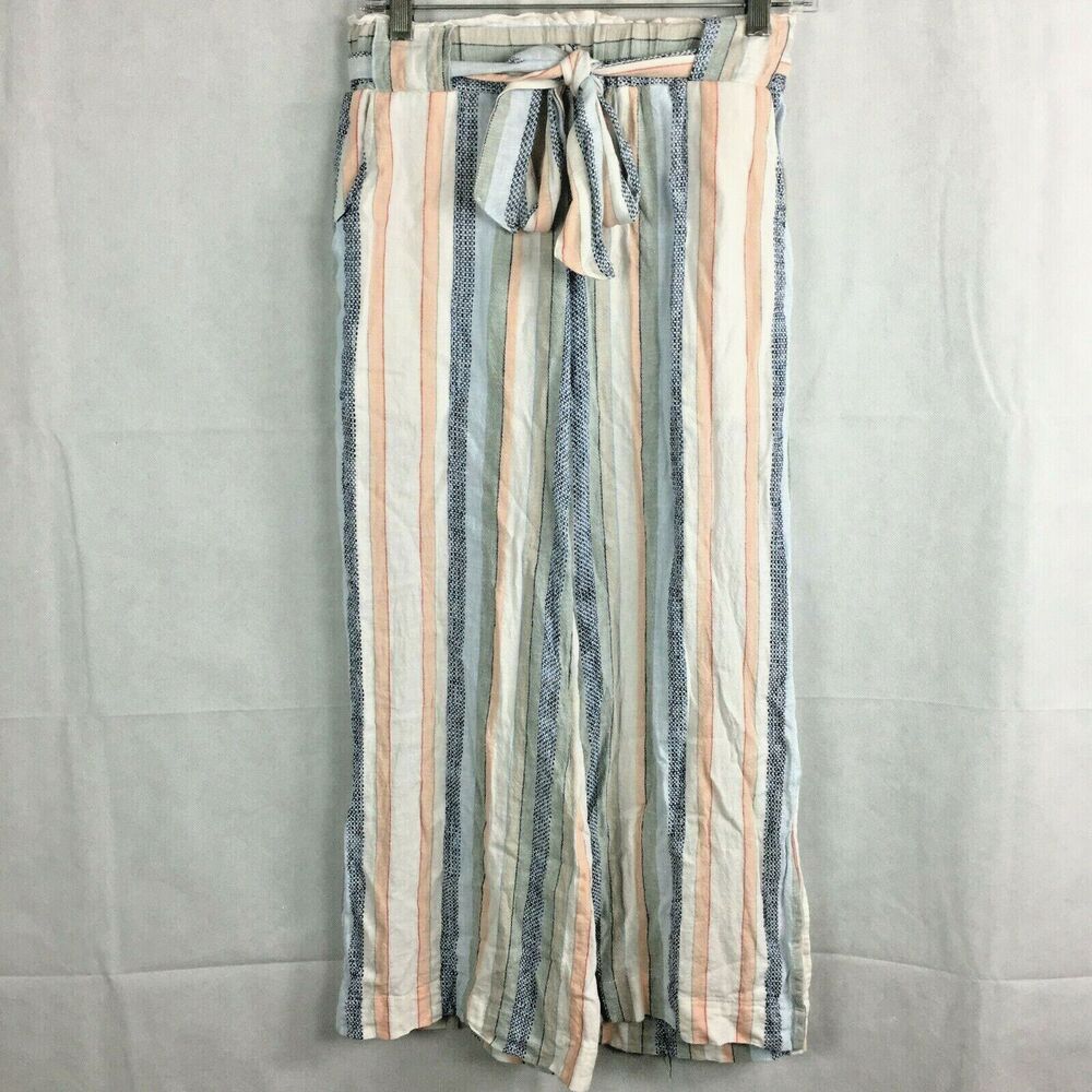 Indigo Rein Pants Womens Sz M Pink White Blue Linen Belted Wide Leg Crop Pockets
